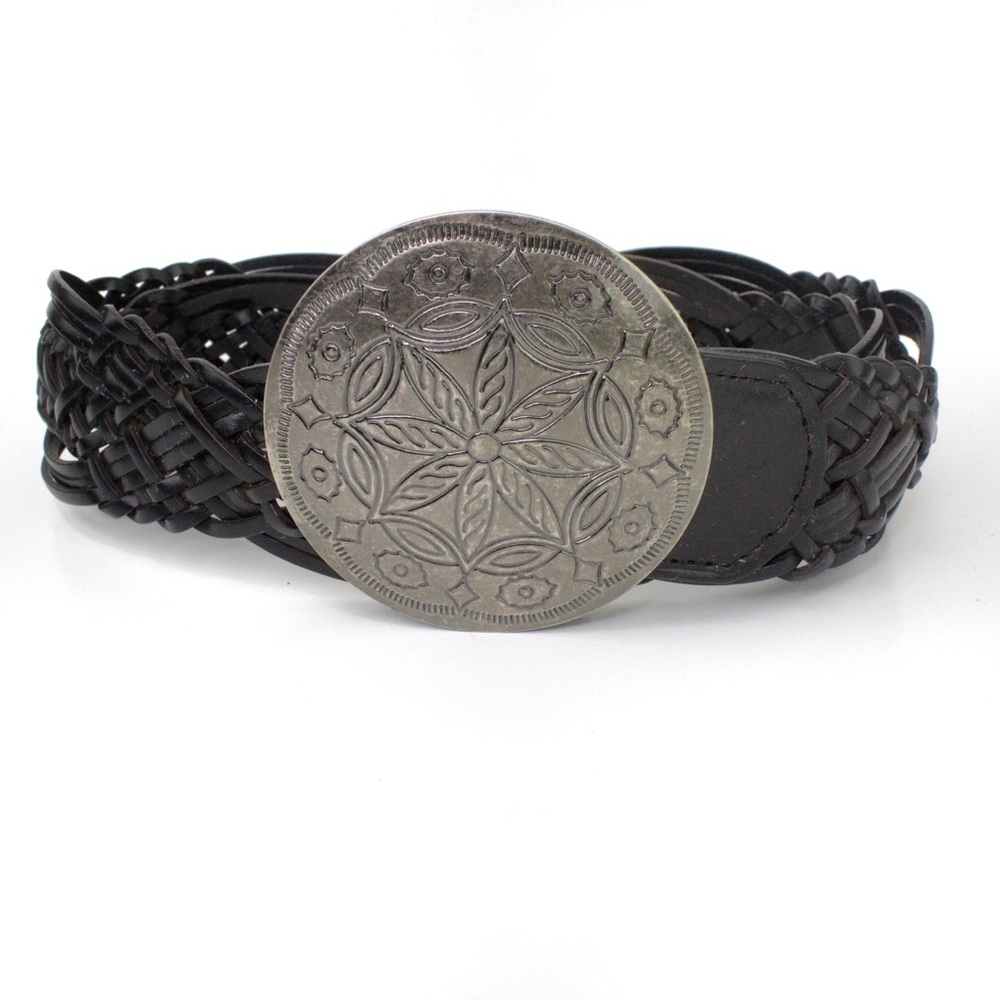New York & Co Braided Brown Leather Belt Silver Medallion Buckle
